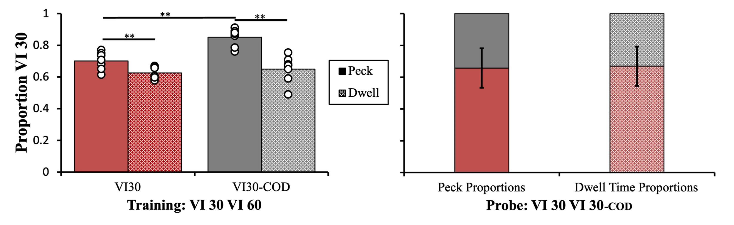 A dual bar chart showing pigeon response preferences during concurrent VI schedules. The left panel plots Proportion VI 30 (y-axis, 0 to 1) for VI30 and VI30-COD conditions during training, comparing Peck (solid) and Dwell (dotted) bars with individual data points and significance markers (**). The right panel shows stacked Peck Proportions and Dwell Time Proportions during probe trials (VI 30 VI 30-COD) with error bars, indicating stronger preference under the COD condition.