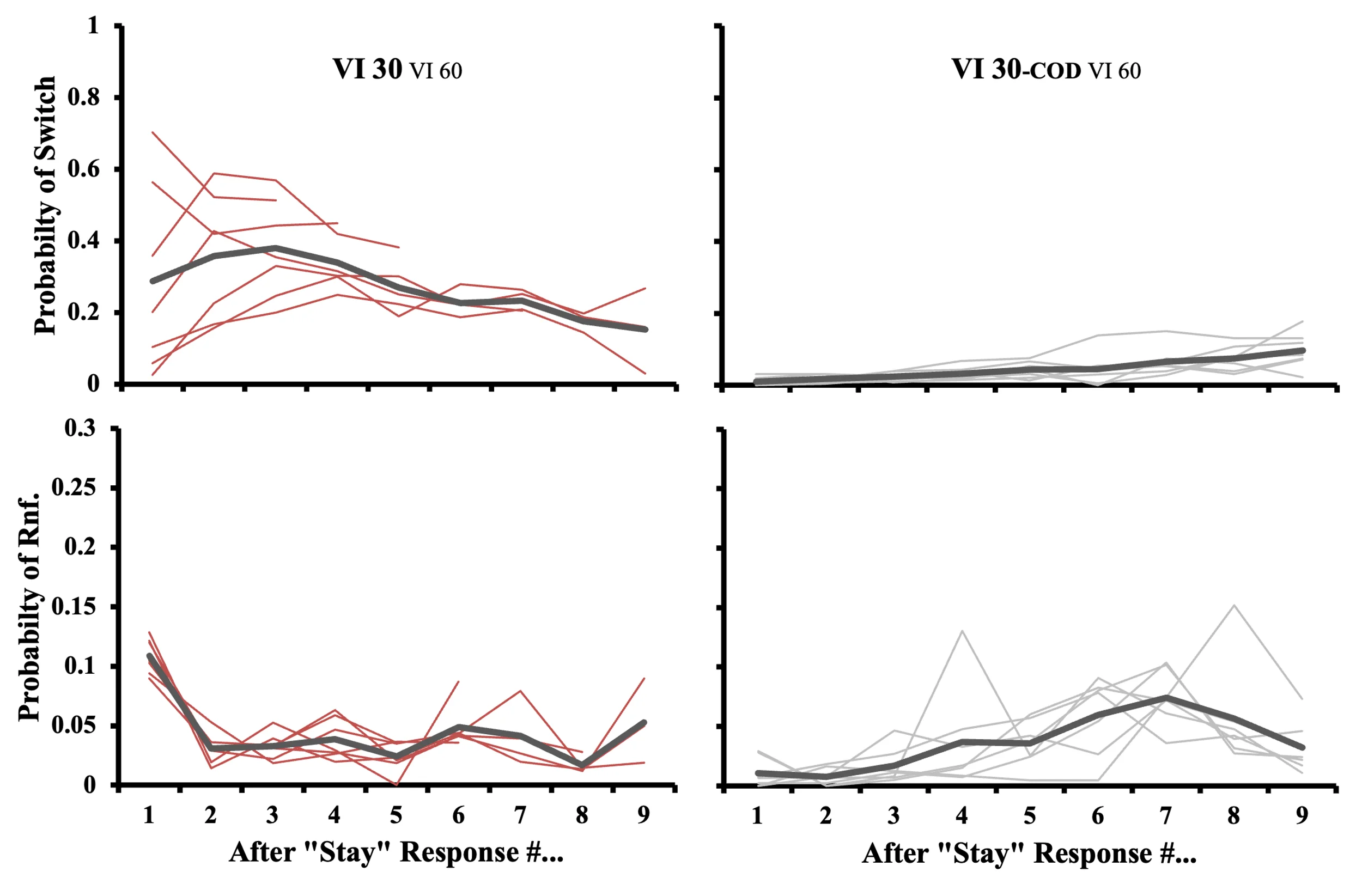 A four-panel line chart comparing pigeon responding under VI 30 VI 60 (left, red lines) and VI 30-COD VI 60 (right, gray lines) schedules. Top panels plot Probability of Switch and bottom panels Probability of Reinforcement against "After 'Stay' Response #" (1–9). Without a COD, switch probability peaks early then declines; with a COD, switch probability stays near zero, rising slightly. Reinforcement probability curves differ correspondingly, with bold lines showing group means.