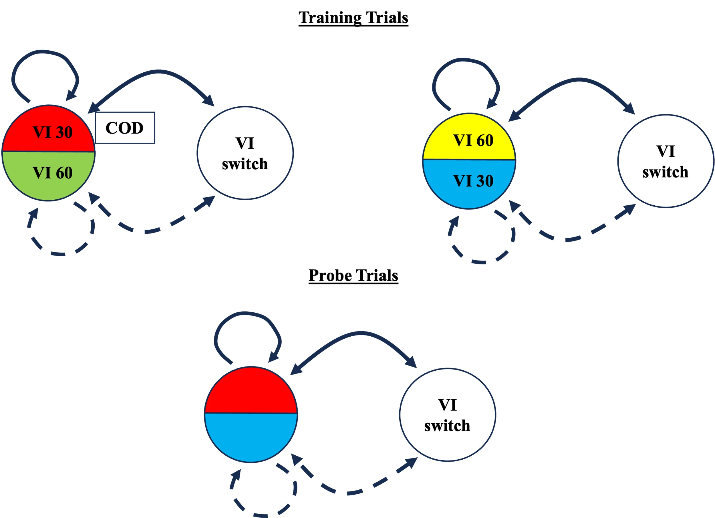 A schematic diagram showing experimental contingencies for pigeon concurrent VI VI schedules across Training Trials and Probe Trials. Two-color split circles represent stimulus keys: red/green (VI 30/VI 60) paired with a COD box, and yellow/blue (VI 60/VI 30) without. Solid and dashed arrows depict stay responses (self-loops) and switch responses toward a "VI switch" key. Probe Trials combine red and blue VI 30 stimuli.