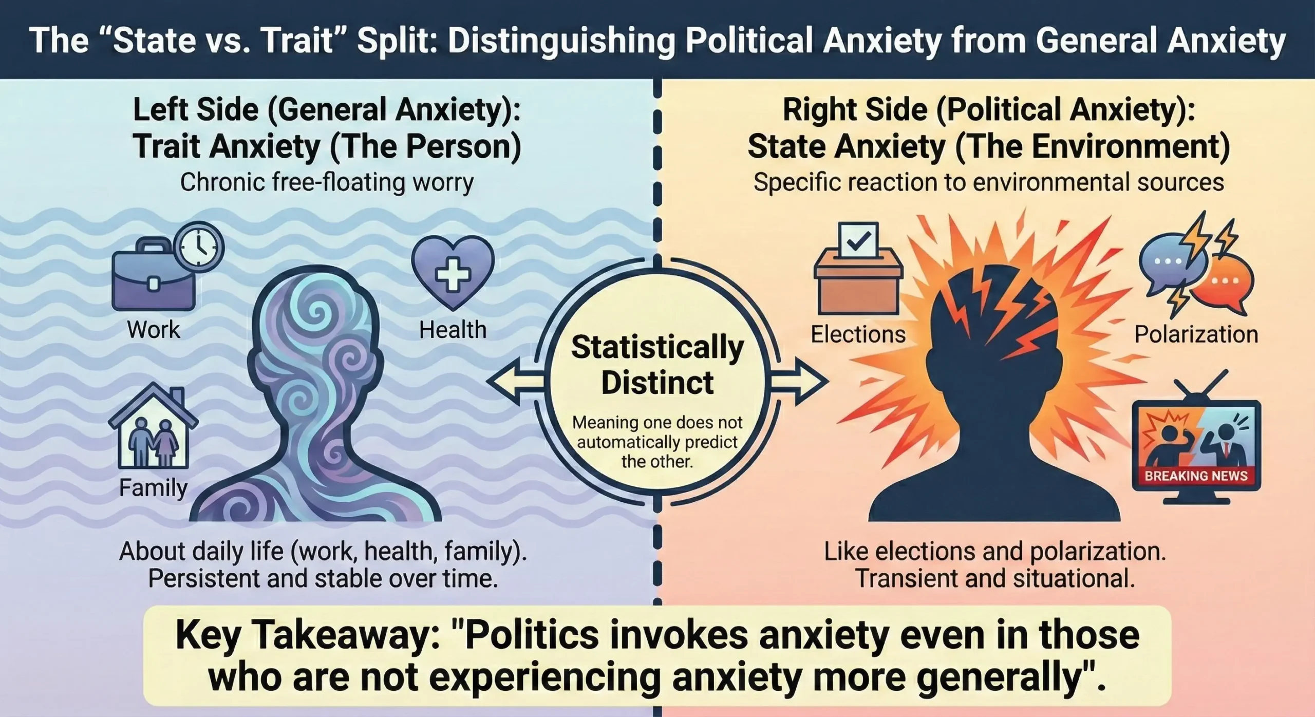 Infographic titled "The 'State vs. Trait' Split: Distinguishing Political Anxiety from General Anxiety." The graphic is split into two panels by a dashed line. The left panel, with a blue wavy background, is titled "Left Side (General Anxiety): Trait Anxiety (The Person)" and defined as "Chronic free-floating worry." Below are icons for Work, Health, and Family, and a silhouette of a person with swirling patterns. Text reads: "About daily life (work, health, family). Persistent and stable over time." The right panel, with a warm orange explosive background, is titled "Right Side (Political Anxiety): State Anxiety (The Environment)" and defined as "Specific reaction to environmental sources." Below are icons for Elections, Polarization, and Breaking News, and a silhouette of a person with a radiating head. Text reads: "Like elections and polarization. Transient and situational." A central circle connects the panels with arrows, stating: "Statistically Distinct Meaning one does not automatically predict the other." A yellow banner at the bottom reads: "Key Takeaway: 'Politics invokes anxiety even in those who are not experiencing anxiety more generally'."