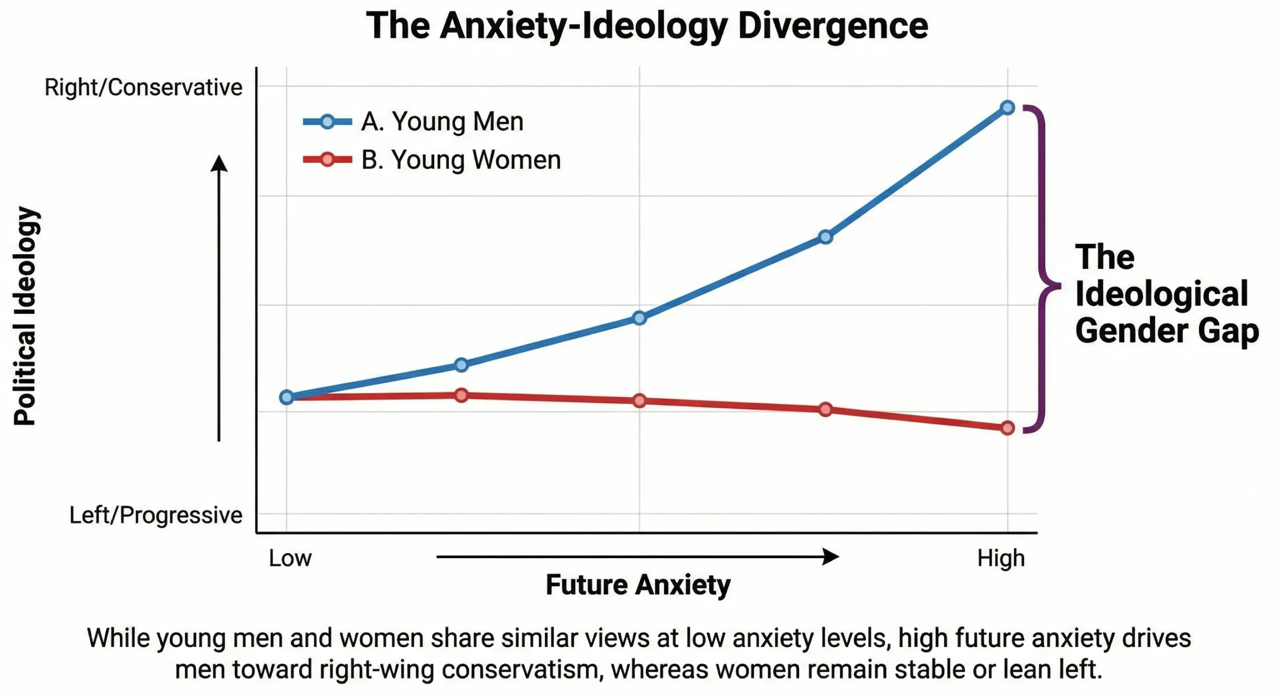 A line graph titled "The Anxiety-Ideology Divergence" plots "Political Ideology" (Left/Progressive to Right/Conservative) on the y-axis against "Future Anxiety" (Low to High) on the x-axis. Two lines, "A. Young Men" (blue, sloping upwards) and "B. Young Women" (red, remaining flat or slightly downward sloping), show that as anxiety increases, young men shift toward the right/conservative end, while young women remain stable or lean left. A bracket at the high anxiety end highlights "The Ideological Gender Gap."