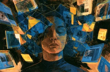 Illustration of a person with a Russian background, engaging with digital content about the Ukraine war. A visual representation of inoculation techniques shields them from pro-Kremlin disinformation, symbolizing improved recognition of false narratives and heightened solidarity with Ukraine. The image highlights the role of social identity and media exposure in combating political propaganda.