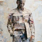 A mixed-media collage portrait showing a faceless human figure constructed from torn paper fragments in muted tones of beige, gray, blue, and brown. The fractured, layered composition assembles disparate scraps into a single ambiguous form, visually evoking the article's theme of fragmented, patchwork ideologies and the conceptual incoherence behind "salad bar" extremism, where contradictory pieces combine into one unstable identity.