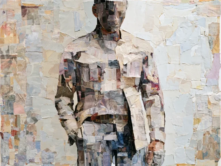 A mixed-media collage portrait showing a faceless human figure constructed from torn paper fragments in muted tones of beige, gray, blue, and brown. The fractured, layered composition assembles disparate scraps into a single ambiguous form, visually evoking the article's theme of fragmented, patchwork ideologies and the conceptual incoherence behind "salad bar" extremism, where contradictory pieces combine into one unstable identity.