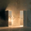A conceptual artistic photo showing two open doorways in a dim, textured room, each emitting warm glowing light. A flock of bird silhouettes flies between them, transitioning from a dark dissolving mass on the left toward the illuminated openings. The imagery evokes choice and switching between two options, metaphorically representing pigeon preference and changeover behavior during concurrent VI VI reinforcement schedules.