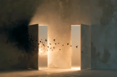 A conceptual artistic photo showing two open doorways in a dim, textured room, each emitting warm glowing light. A flock of bird silhouettes flies between them, transitioning from a dark dissolving mass on the left toward the illuminated openings. The imagery evokes choice and switching between two options, metaphorically representing pigeon preference and changeover behavior during concurrent VI VI reinforcement schedules.