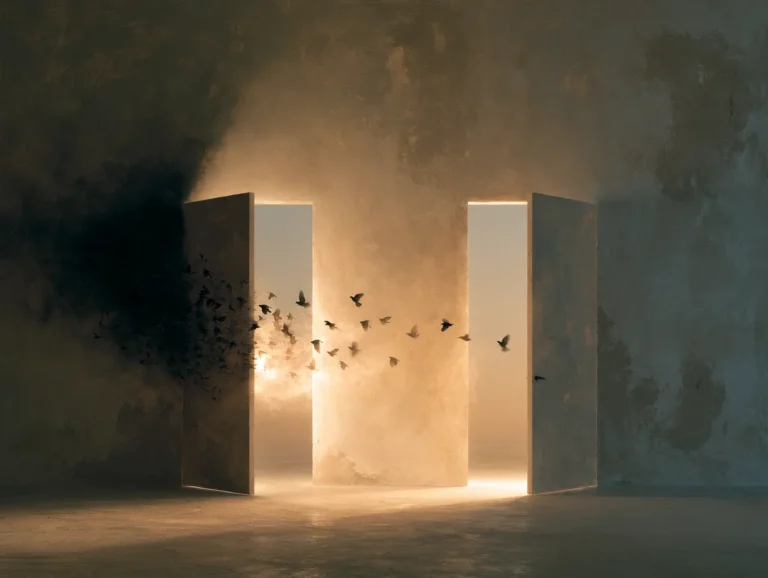 A conceptual artistic photo showing two open doorways in a dim, textured room, each emitting warm glowing light. A flock of bird silhouettes flies between them, transitioning from a dark dissolving mass on the left toward the illuminated openings. The imagery evokes choice and switching between two options, metaphorically representing pigeon preference and changeover behavior during concurrent VI VI reinforcement schedules.