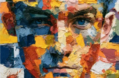 A photo showing a close-up impasto oil painting of a human face composed of fragmented, palette-knife patches in blue, orange, yellow, red, and white. The mosaic-like brushstrokes assemble piercing blue eyes, nose, and mouth from disparate color blocks, visually evoking the article's "salad bar" metaphor of composite, hybrid extremist worldviews built from diverse ideological fragments.
