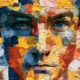 A photo showing a close-up impasto oil painting of a human face composed of fragmented, palette-knife patches in blue, orange, yellow, red, and white. The mosaic-like brushstrokes assemble piercing blue eyes, nose, and mouth from disparate color blocks, visually evoking the article's "salad bar" metaphor of composite, hybrid extremist worldviews built from diverse ideological fragments.