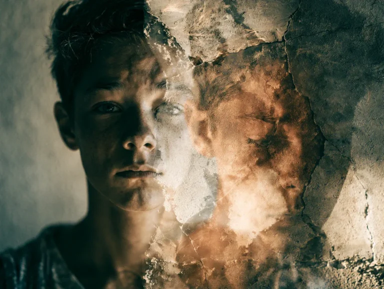 A conceptual double-exposure photo showing a young adolescent's face blended with a cracked, weathered wall texture, symbolizing political alienation and disillusionment. The left half reveals the youth's serious expression while the right dissolves into fractured, peeling surfaces, visually representing distrust, powerlessness, and psychological fragmentation associated with the pathway from system-disillusionment toward political radicalism in Swedish adolescents.