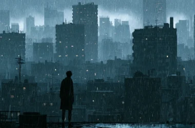 A conceptual photo showing a young adolescent's against a grey city, symbolizing political alienation and disillusionment.