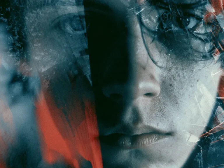 A photo showing a fragmented, close-up human face in muted blue-gray tones, overlaid with distorted textures and streaks of vivid red. The image is heavily manipulated with cracked, glass-like fractures and double-exposure effects that obscure the eyes, evoking themes of psychological rupture, obscured identity, and violence—visually paralleling the article's discussion of ideology-free extremism fixated on aggression itself.