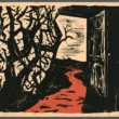 A woodcut-style print showing a dark, foreboding interior with tangled black tree-like branches filling the left side, an open door on the right revealing a pale bleak landscape, and a stark red path winding through the center foreground. The high-contrast black, cream, and red palette evokes trauma, threat, and disturbed childhood environments symbolizing adverse experiences leading toward violence.