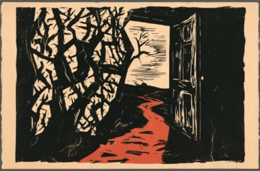 A woodcut-style print showing a dark, foreboding interior with tangled black tree-like branches filling the left side, an open door on the right revealing a pale bleak landscape, and a stark red path winding through the center foreground. The high-contrast black, cream, and red palette evokes trauma, threat, and disturbed childhood environments symbolizing adverse experiences leading toward violence.