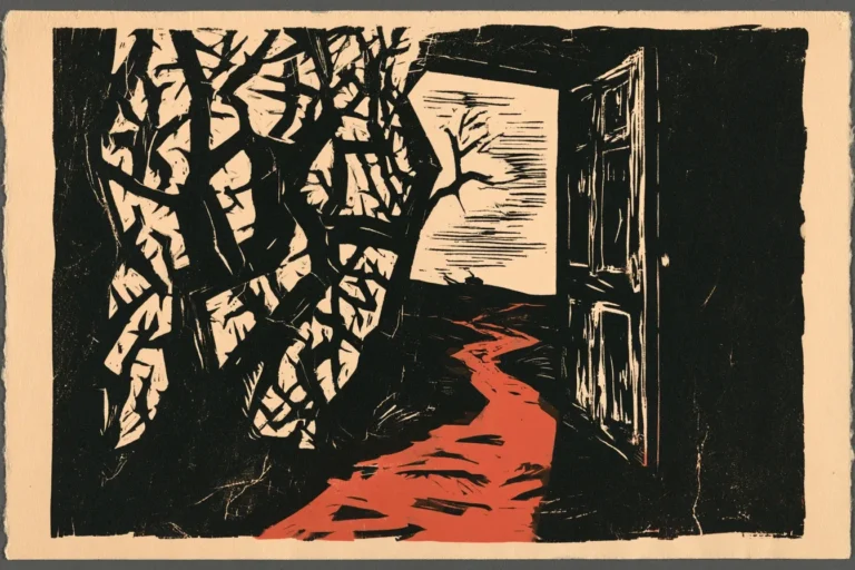 A woodcut-style print showing a dark, foreboding interior with tangled black tree-like branches filling the left side, an open door on the right revealing a pale bleak landscape, and a stark red path winding through the center foreground. The high-contrast black, cream, and red palette evokes trauma, threat, and disturbed childhood environments symbolizing adverse experiences leading toward violence.