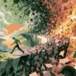 A conceptual illustration showing a lone figure in a green shirt walking along a crumbling stone path that disintegrates into scattered fragments and fiery orange chaos on the right. The left depicts a serene green landscape with a setting sun, rolling hills, and trees, symbolizing the fragmentation of ideological frameworks and the collapse of defined structures into disordered violent extremism.