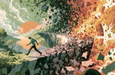 A conceptual illustration showing a lone figure in a green shirt walking along a crumbling stone path that disintegrates into scattered fragments and fiery orange chaos on the right. The left depicts a serene green landscape with a setting sun, rolling hills, and trees, symbolizing the fragmentation of ideological frameworks and the collapse of defined structures into disordered violent extremism.