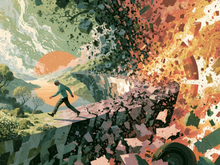 A conceptual illustration showing a lone figure in a green shirt walking along a crumbling stone path that disintegrates into scattered fragments and fiery orange chaos on the right. The left depicts a serene green landscape with a setting sun, rolling hills, and trees, symbolizing the fragmentation of ideological frameworks and the collapse of defined structures into disordered violent extremism.