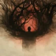 A conceptual watercolor illustration showing a lone silhouetted human figure standing at the center of a dark, tangled mass of twisted tree branches that fan outward like consuming tendrils against a glowing red-orange background. The dark limbs enveloping the figure symbolize obsessive passion and deliberate engagement with radical ideology, evoking themes of radicalization, entrapment, and the reciprocal pull toward violent extremism.