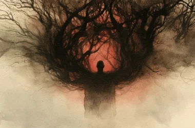 A conceptual watercolor illustration showing a lone silhouetted human figure standing at the center of a dark, tangled mass of twisted tree branches that fan outward like consuming tendrils against a glowing red-orange background. The dark limbs enveloping the figure symbolize obsessive passion and deliberate engagement with radical ideology, evoking themes of radicalization, entrapment, and the reciprocal pull toward violent extremism.