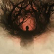 A conceptual watercolor illustration showing a lone silhouetted human figure standing at the center of a dark, tangled mass of twisted tree branches that fan outward like consuming tendrils against a glowing red-orange background. The dark limbs enveloping the figure symbolize obsessive passion and deliberate engagement with radical ideology, evoking themes of radicalization, entrapment, and the reciprocal pull toward violent extremism.