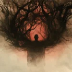 A conceptual watercolor illustration showing a lone silhouetted human figure standing at the center of a dark, tangled mass of twisted tree branches that fan outward like consuming tendrils against a glowing red-orange background. The dark limbs enveloping the figure symbolize obsessive passion and deliberate engagement with radical ideology, evoking themes of radicalization, entrapment, and the reciprocal pull toward violent extremism.