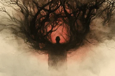 A conceptual watercolor illustration showing a lone silhouetted human figure standing at the center of a dark, tangled mass of twisted tree branches that fan outward like consuming tendrils against a glowing red-orange background. The dark limbs enveloping the figure symbolize obsessive passion and deliberate engagement with radical ideology, evoking themes of radicalization, entrapment, and the reciprocal pull toward violent extremism.