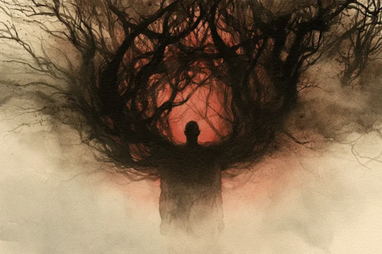 A conceptual watercolor illustration showing a lone silhouetted human figure standing at the center of a dark, tangled mass of twisted tree branches that fan outward like consuming tendrils against a glowing red-orange background. The dark limbs enveloping the figure symbolize obsessive passion and deliberate engagement with radical ideology, evoking themes of radicalization, entrapment, and the reciprocal pull toward violent extremism.