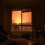 A photo showing a dim, cluttered teenager's bedroom viewed at dusk, with a large window revealing a burning, apocalyptic cityscape glowing orange through partially raised blinds and curtains. Inside are an unmade bed, a wooden chair, a glowing computer monitor on a messy desk, scattered cables, and photographs taped to the walls—visually evoking youth isolation, dystopian worldviews, and radicalization themes discussed in the article.