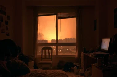A photo showing a dim, cluttered teenager's bedroom viewed at dusk, with a large window revealing a burning, apocalyptic cityscape glowing orange through partially raised blinds and curtains. Inside are an unmade bed, a wooden chair, a glowing computer monitor on a messy desk, scattered cables, and photographs taped to the walls—visually evoking youth isolation, dystopian worldviews, and radicalization themes discussed in the article.
