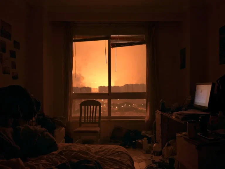 A photo showing a dim, cluttered teenager's bedroom viewed at dusk, with a large window revealing a burning, apocalyptic cityscape glowing orange through partially raised blinds and curtains. Inside are an unmade bed, a wooden chair, a glowing computer monitor on a messy desk, scattered cables, and photographs taped to the walls—visually evoking youth isolation, dystopian worldviews, and radicalization themes discussed in the article.