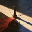 A conceptual painted illustration showing a solitary dark chess king piece standing on a cracked stone surface, casting a long shadow across a diagonal beam of light. Fractured lines radiate outward while a red glow pools at the base, symbolizing leadership, power orientation, and the destabilizing lethal influence of violent extremist organization leaders across their tenure.