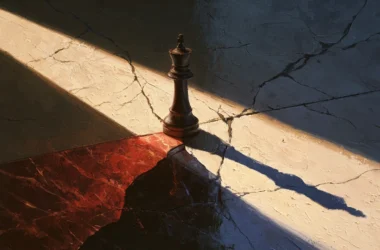 A conceptual painted illustration showing a solitary dark chess king piece standing on a cracked stone surface, casting a long shadow across a diagonal beam of light. Fractured lines radiate outward while a red glow pools at the base, symbolizing leadership, power orientation, and the destabilizing lethal influence of violent extremist organization leaders across their tenure.