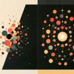 A conceptual diagram contrasting two ideology models side by side. The left panel shows scattered, disconnected colored dots against cream and black backgrounds, representing the unstructured "salad bar" mix of beliefs. The right panel shows an organized network of interconnected nodes radiating from a large luminous central sphere, illustrating a structured ideology with a stable sacred core surrounded by linked peripheral operational components.
