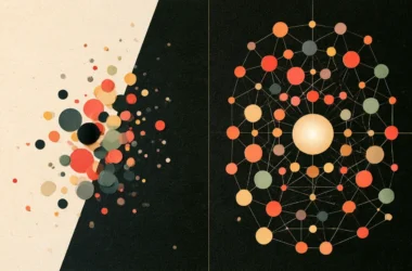 A conceptual diagram contrasting two ideology models side by side. The left panel shows scattered, disconnected colored dots against cream and black backgrounds, representing the unstructured "salad bar" mix of beliefs. The right panel shows an organized network of interconnected nodes radiating from a large luminous central sphere, illustrating a structured ideology with a stable sacred core surrounded by linked peripheral operational components.