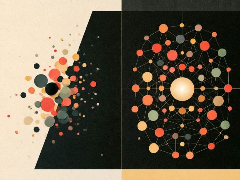 A conceptual diagram contrasting two ideology models side by side. The left panel shows scattered, disconnected colored dots against cream and black backgrounds, representing the unstructured "salad bar" mix of beliefs. The right panel shows an organized network of interconnected nodes radiating from a large luminous central sphere, illustrating a structured ideology with a stable sacred core surrounded by linked peripheral operational components.