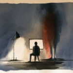 A watercolor illustration showing a silhouetted figure seated on a stool, facing a glowing rectangular screen in a dark room. A thin floor lamp casts pale light on the left, while a vertical streak of rust-red and black wash bleeds down beside the screen against deep blue-gray tones. The scene evokes solitary online exposure to jihadi video propaganda, illustrating how TTP media may shape viewers' motivation and perceived capacity to act.
