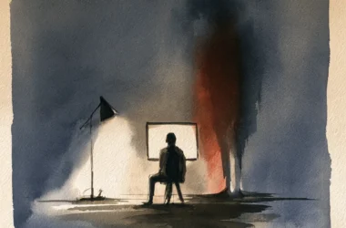A watercolor illustration showing a silhouetted figure seated on a stool, facing a glowing rectangular screen in a dark room. A thin floor lamp casts pale light on the left, while a vertical streak of rust-red and black wash bleeds down beside the screen against deep blue-gray tones. The scene evokes solitary online exposure to jihadi video propaganda, illustrating how TTP media may shape viewers' motivation and perceived capacity to act.