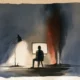 A watercolor illustration showing a silhouetted figure seated on a stool, facing a glowing rectangular screen in a dark room. A thin floor lamp casts pale light on the left, while a vertical streak of rust-red and black wash bleeds down beside the screen against deep blue-gray tones. The scene evokes solitary online exposure to jihadi video propaganda, illustrating how TTP media may shape viewers' motivation and perceived capacity to act.